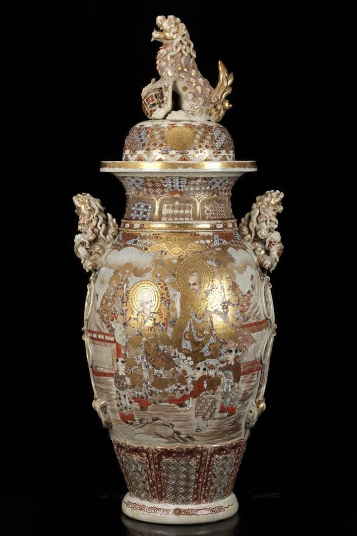 【極上薩摩焼】特大金襴手色絵 獅子 香炉 飾壺 陶器 骨董 古美術 アート 花瓶