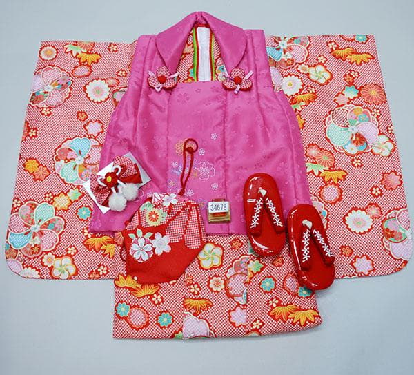 七五三 三歳 女児 被布 着物 フルセット 赤色×ピンク 花ひめ お仕立て無料