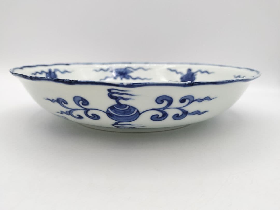 b68【未使用】染付 七宝絵皿 菓子器 景徳鎮 三代森岡嘉祥 茶道具 古物
