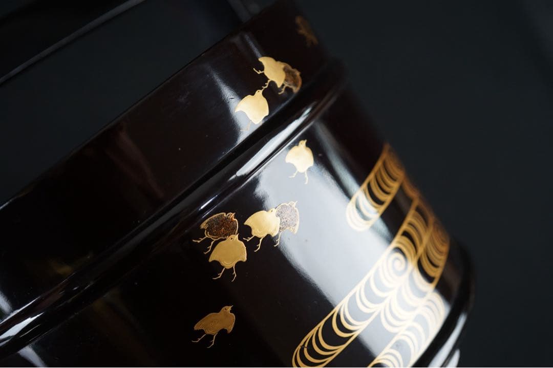 波 千鳥蒔絵 手桶水指 時代物 箱付 茶道具