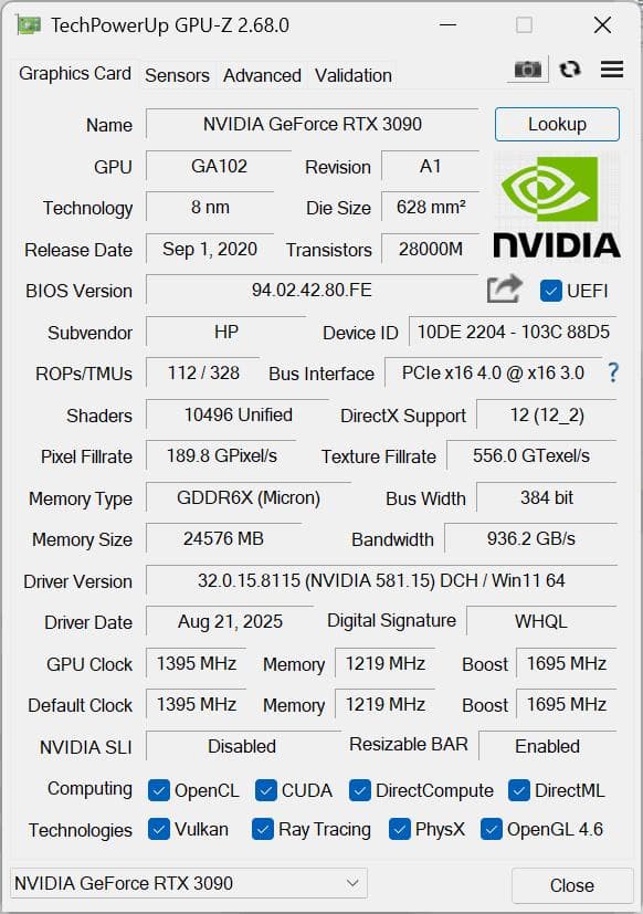 【動作確認済】RTX 3090（HP OMEN GPU取り外し品）