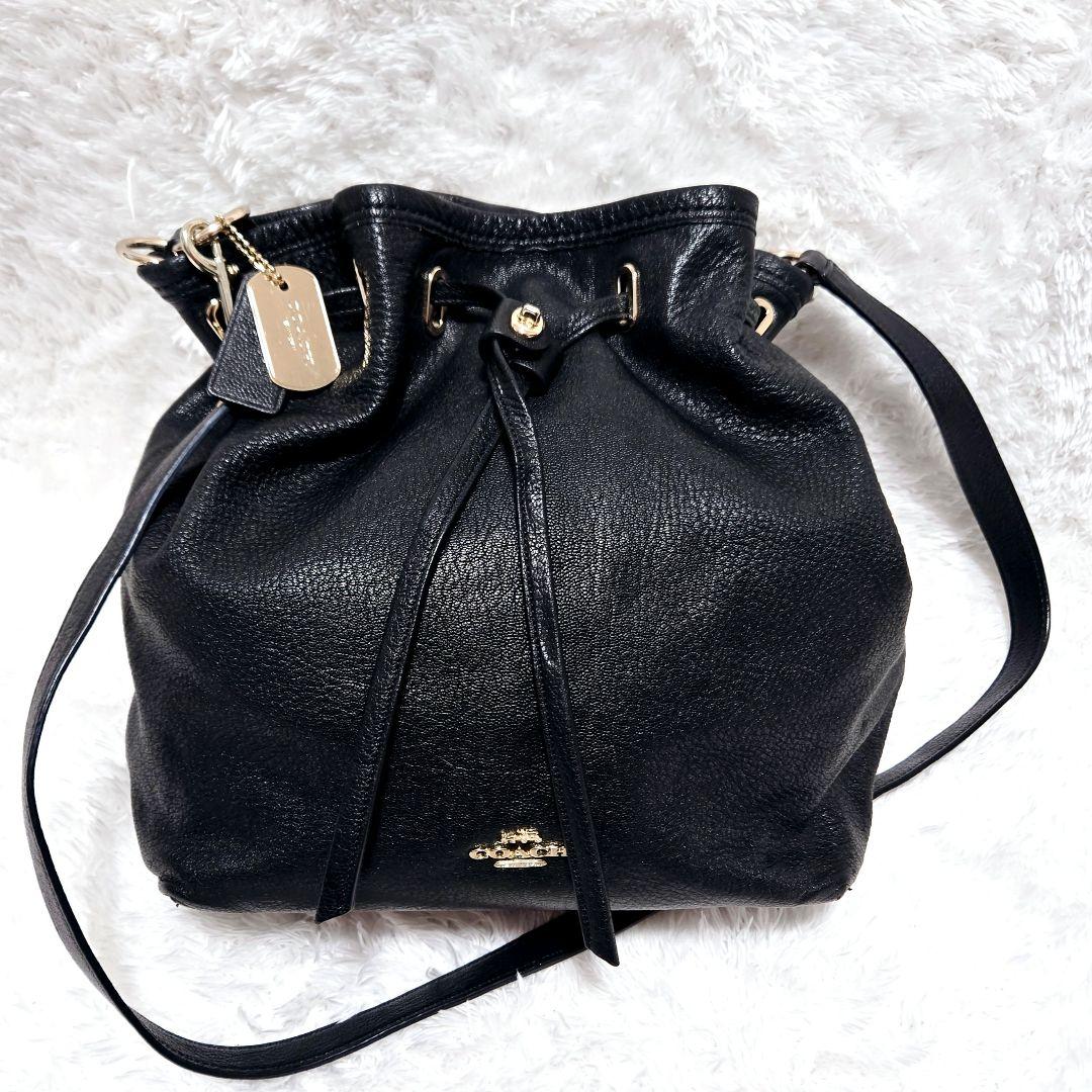 本日限定☆COACH コーチ クロスボディ ショルダーバッグ 巾着型 黒 レザー