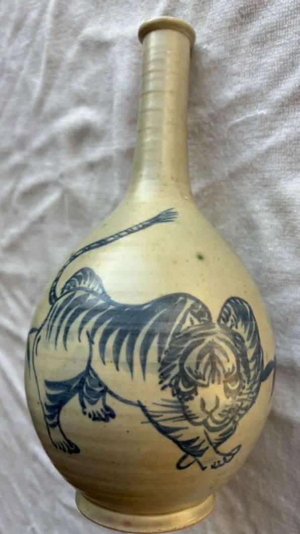 古伊万里　古染付 竹虎図 鶴首徳利　 花器 一輪挿し 時代物