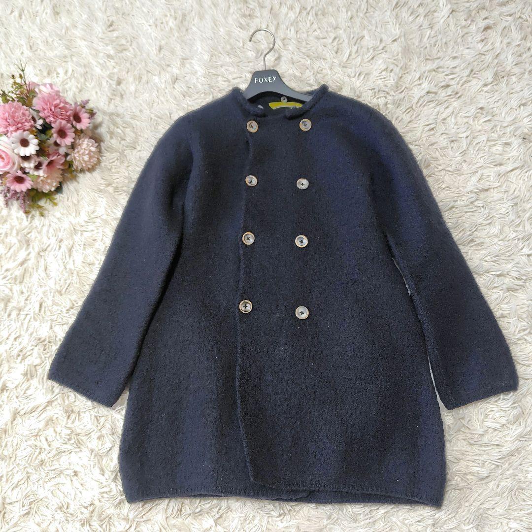 【美品♡人気縮絨ウール】45R　ベルテッドダブルボタンコート　黒　襟取り外し可